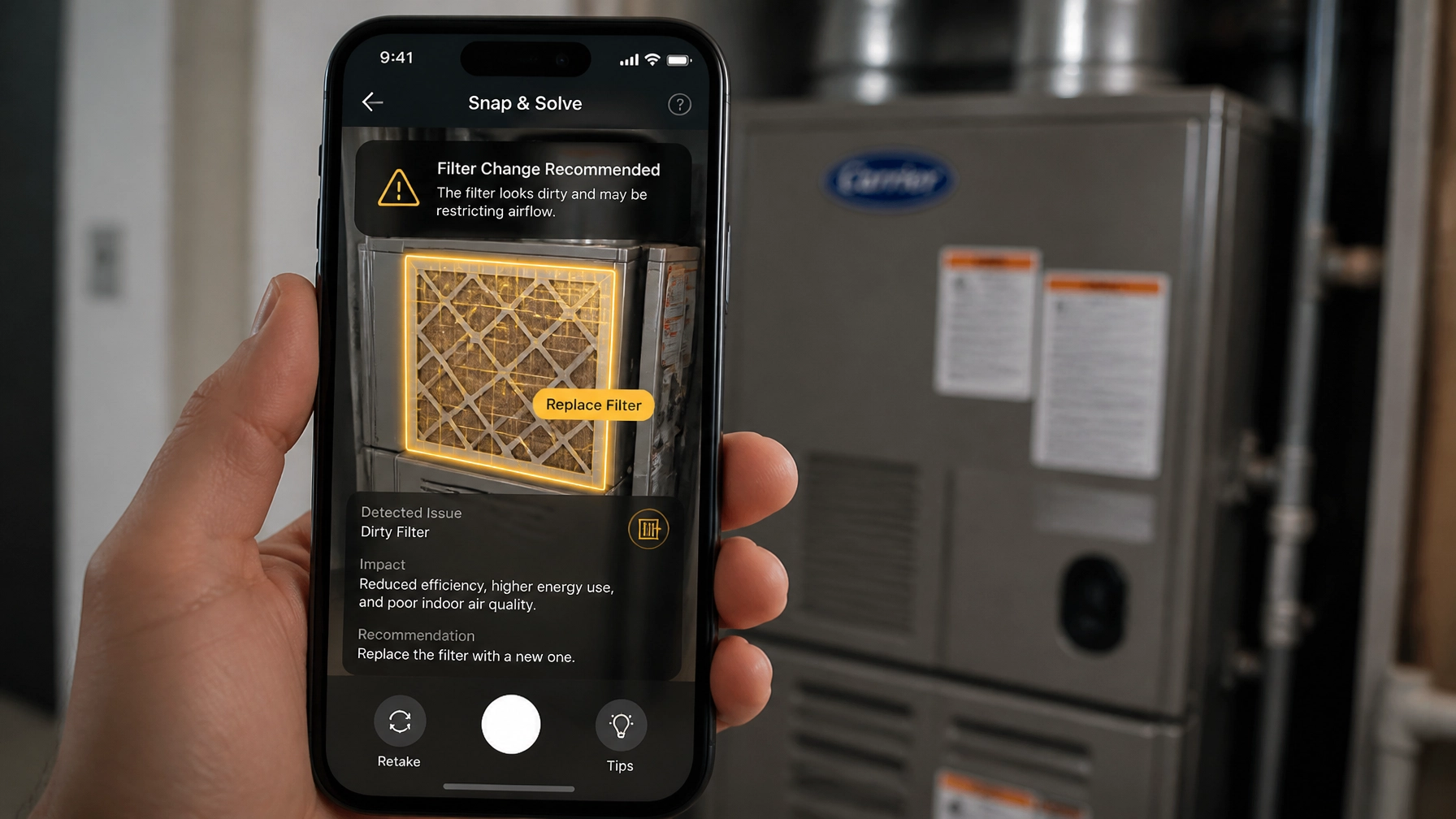 Hand holding a phone using Snap and Solve to diagnose an HVAC unit