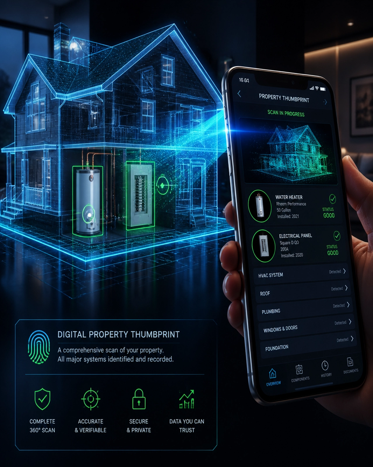 A digital holographic house model being scanned by a smartphone