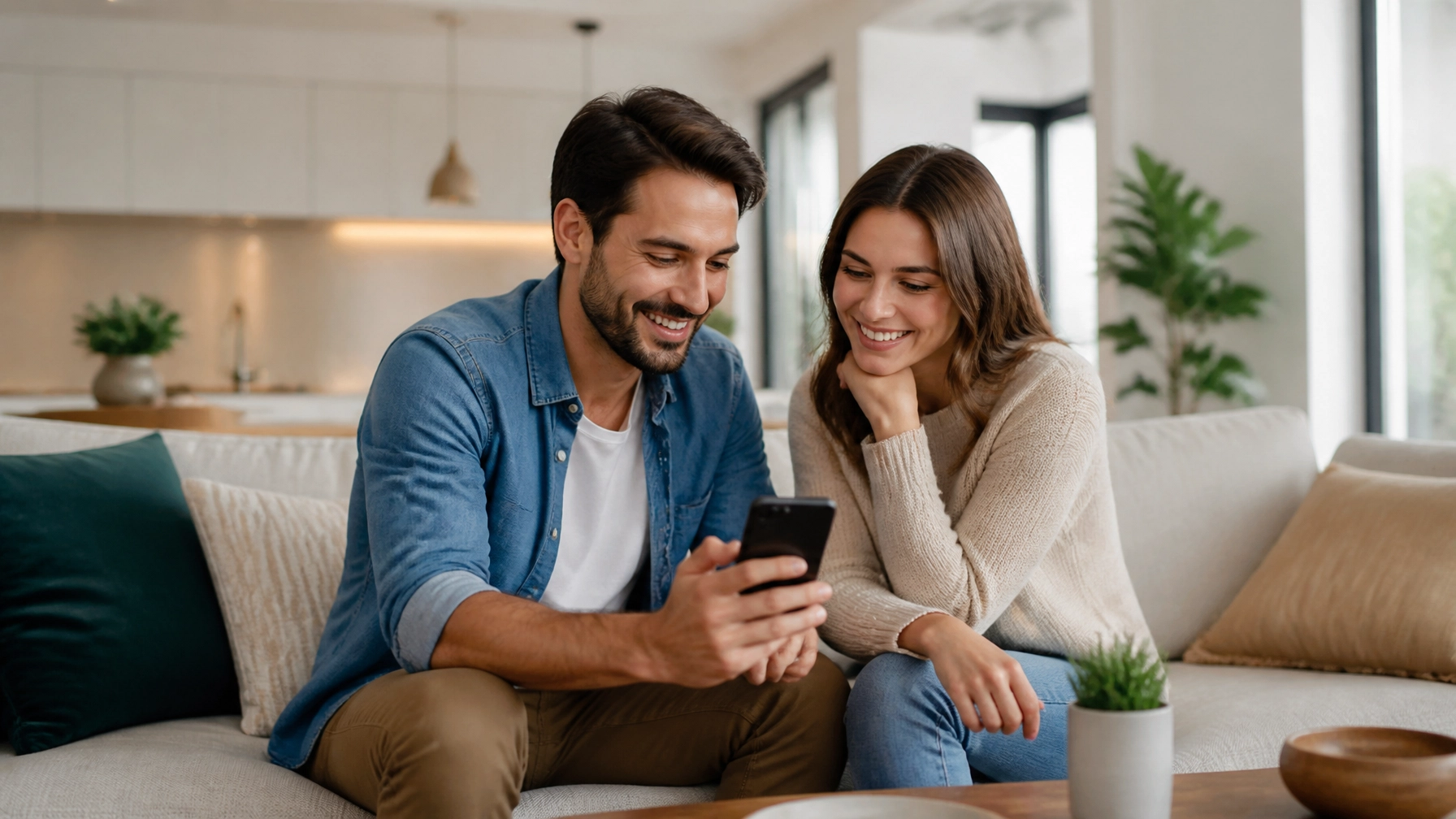 Happy couple in a well-maintained home looking at a smartphone together