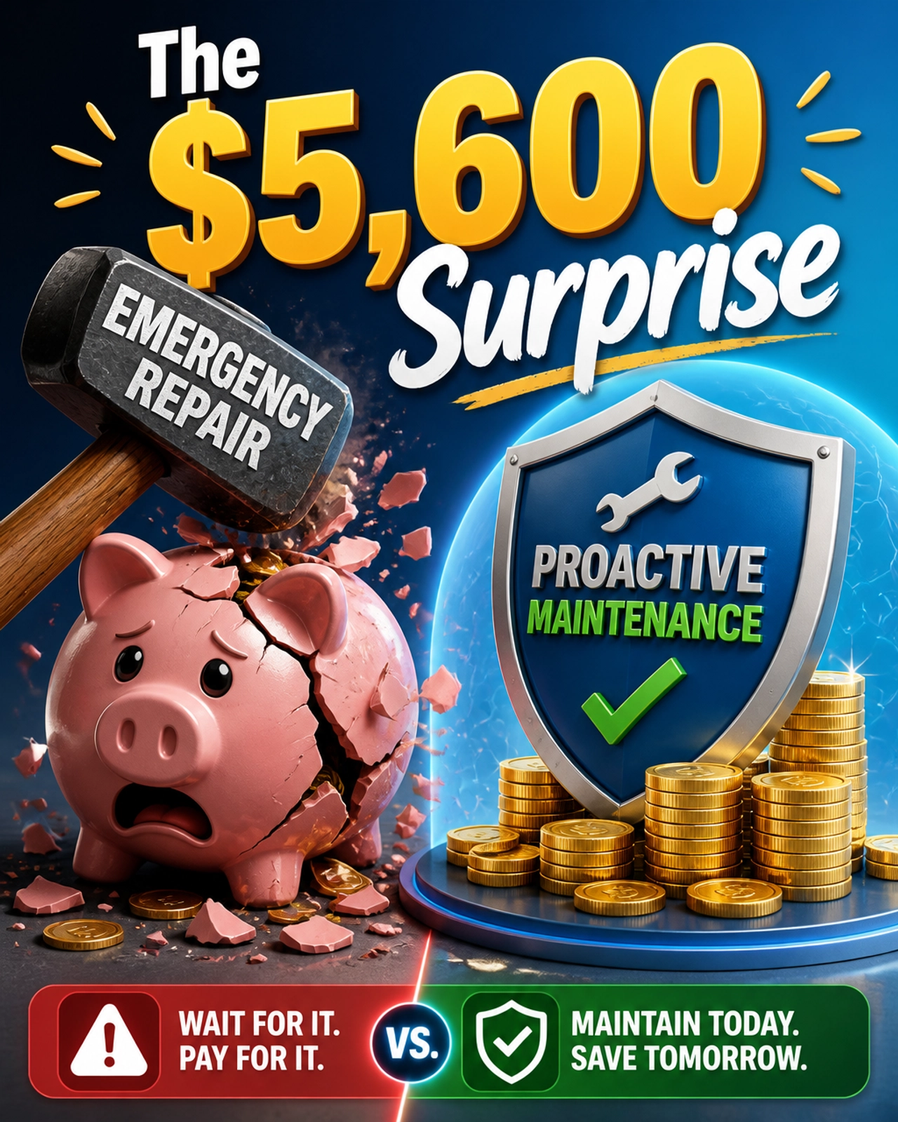 Infographic showing a piggy bank being cracked by a hammer labeled Emergency Repair