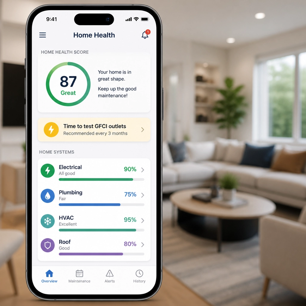 A digital dashboard showing a Home Health Score and maintenance reminders