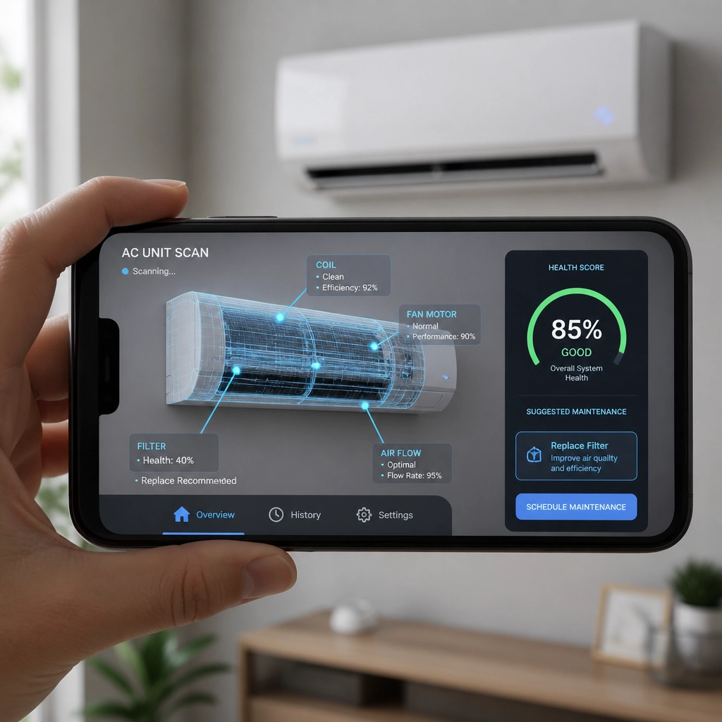 AI visualization of a smartphone scanning an AC unit for maintenance needs
