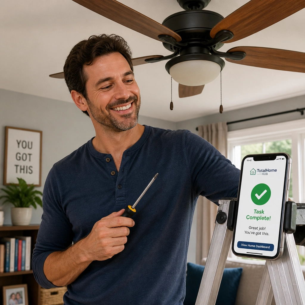 A happy homeowner successfully completing a ceiling fan repair with AI guidance