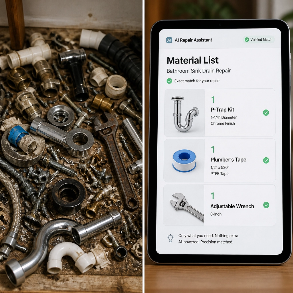 Contrast between disorganized repair parts and an AI-generated digital material list