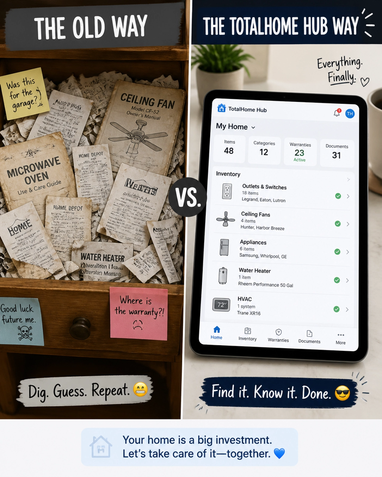 A split-screen showing the old way of messy paper receipts versus the new TotalHome Hub digital inventory.