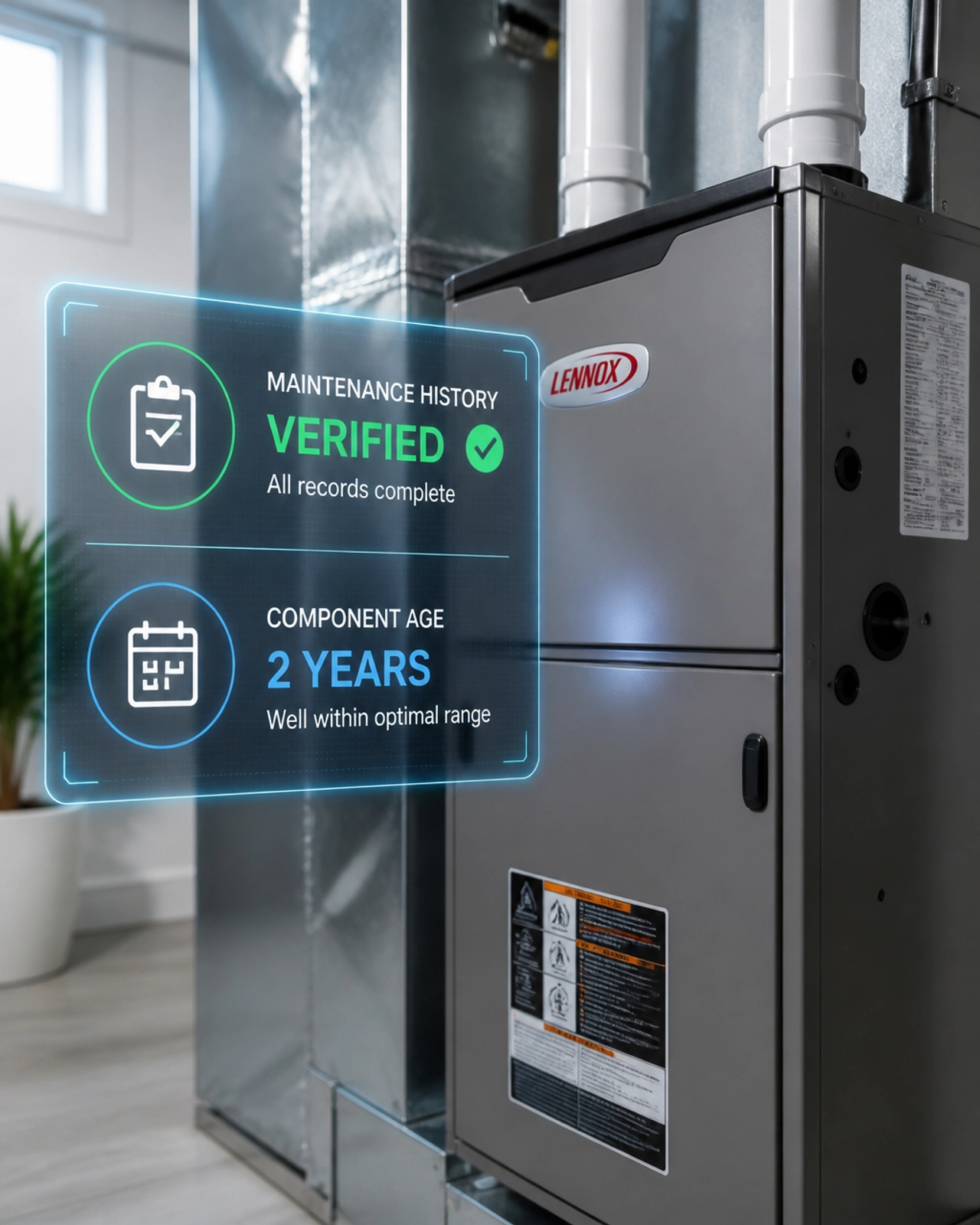 A close-up of a modern HVAC system with a digital overlay showing its verified maintenance history.