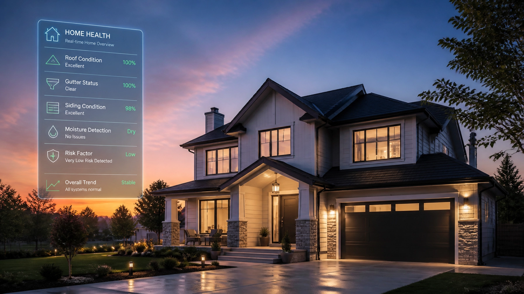 A beautiful suburban home with a digital 'Home Health' HUD showing its low-risk stats.