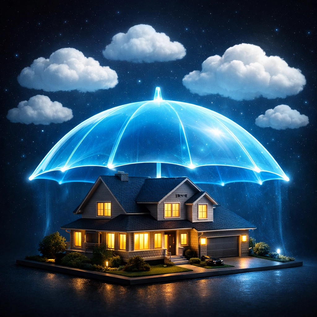Digital cloud storage icons over a house symbolizing secure home inventory data protection.