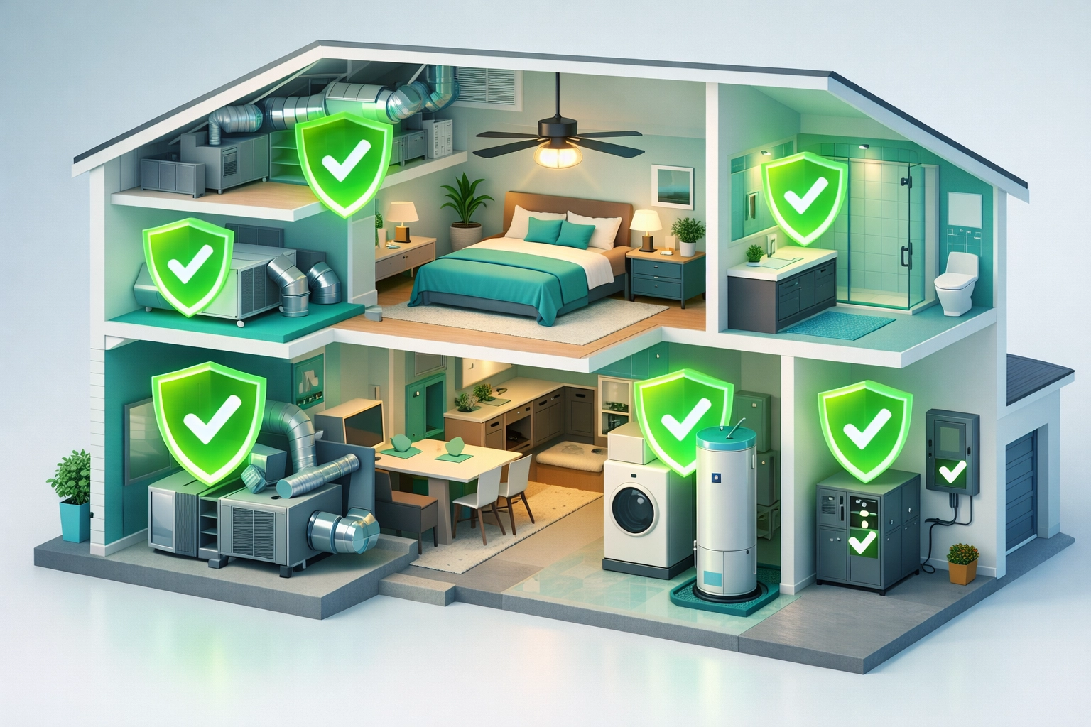 A home exterior diagram showing green checkmarks for a high Home Health Score.