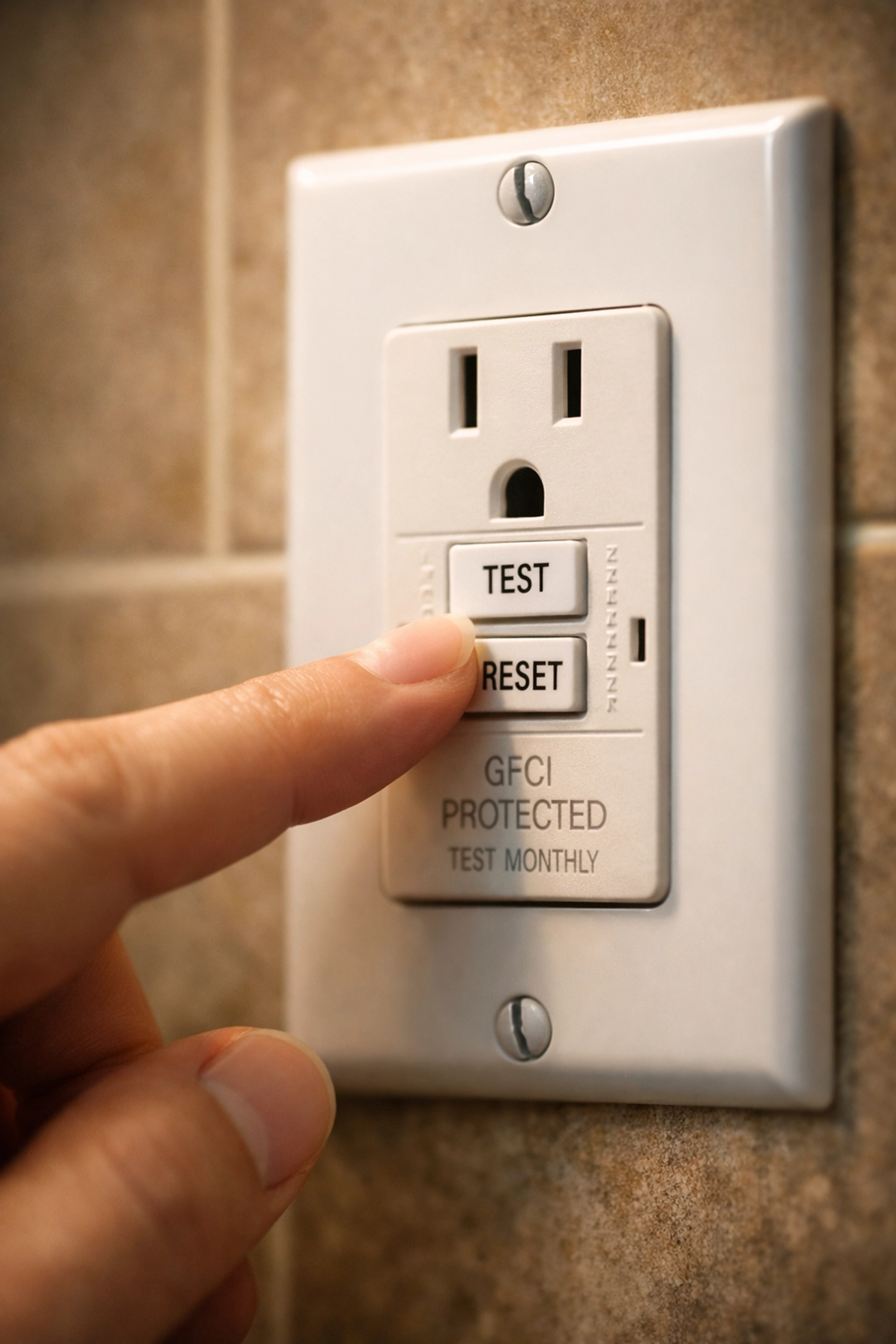 Testing a GFCI outlet button to ensure home electrical safety and maintenance compliance.