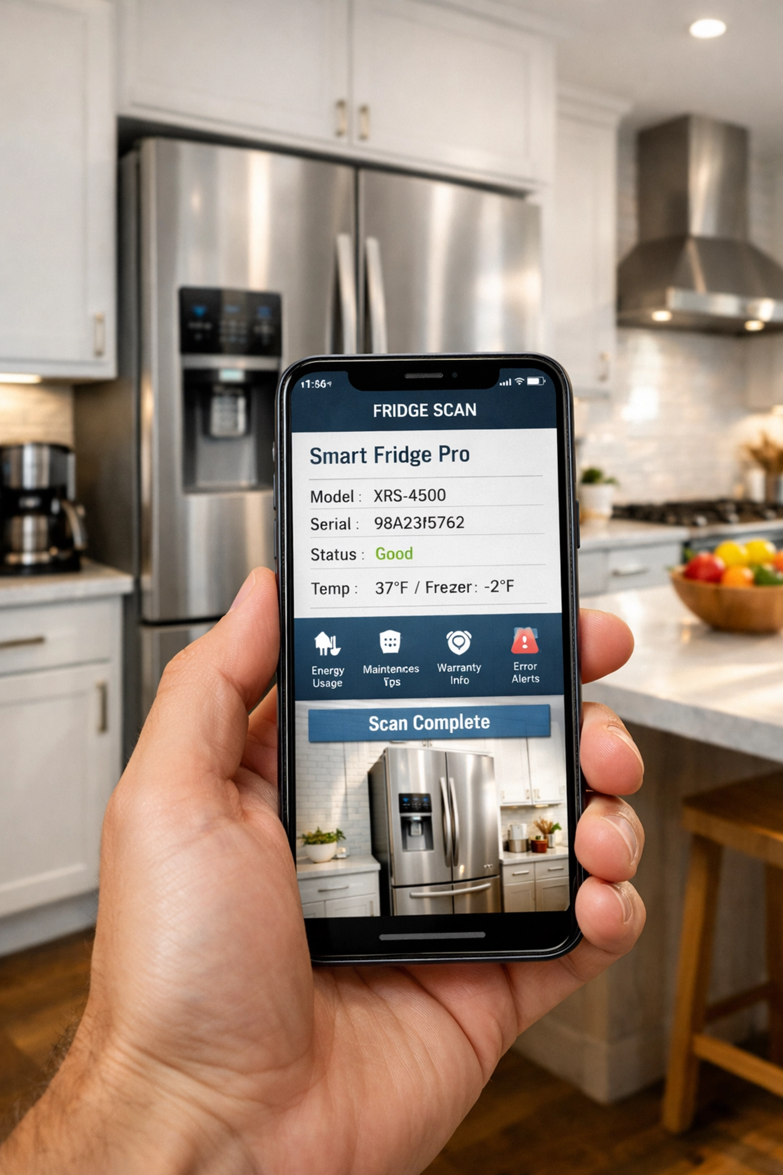Homeowner using a smartphone to scan a refrigerator for a digital home inventory profile.