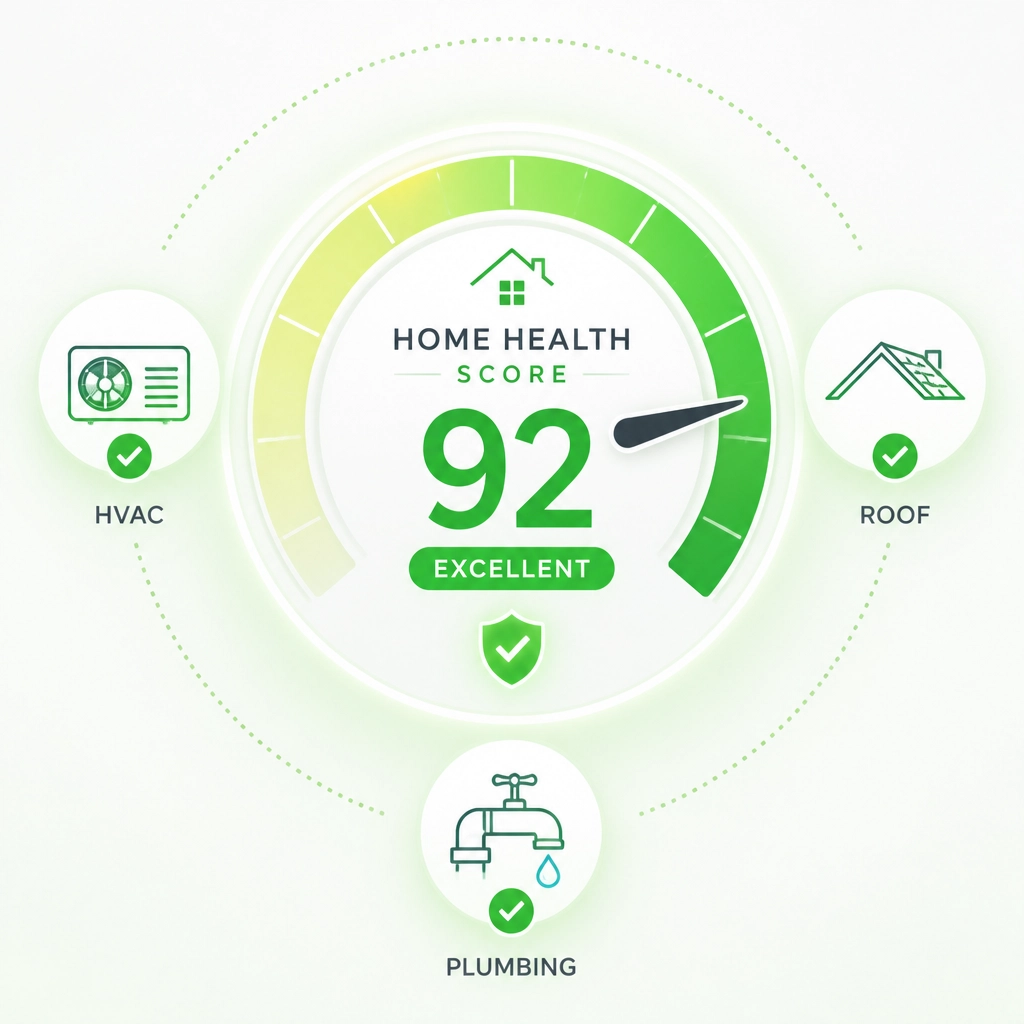 A minimalist visualization of a Home Health Score gauge in the green zone
