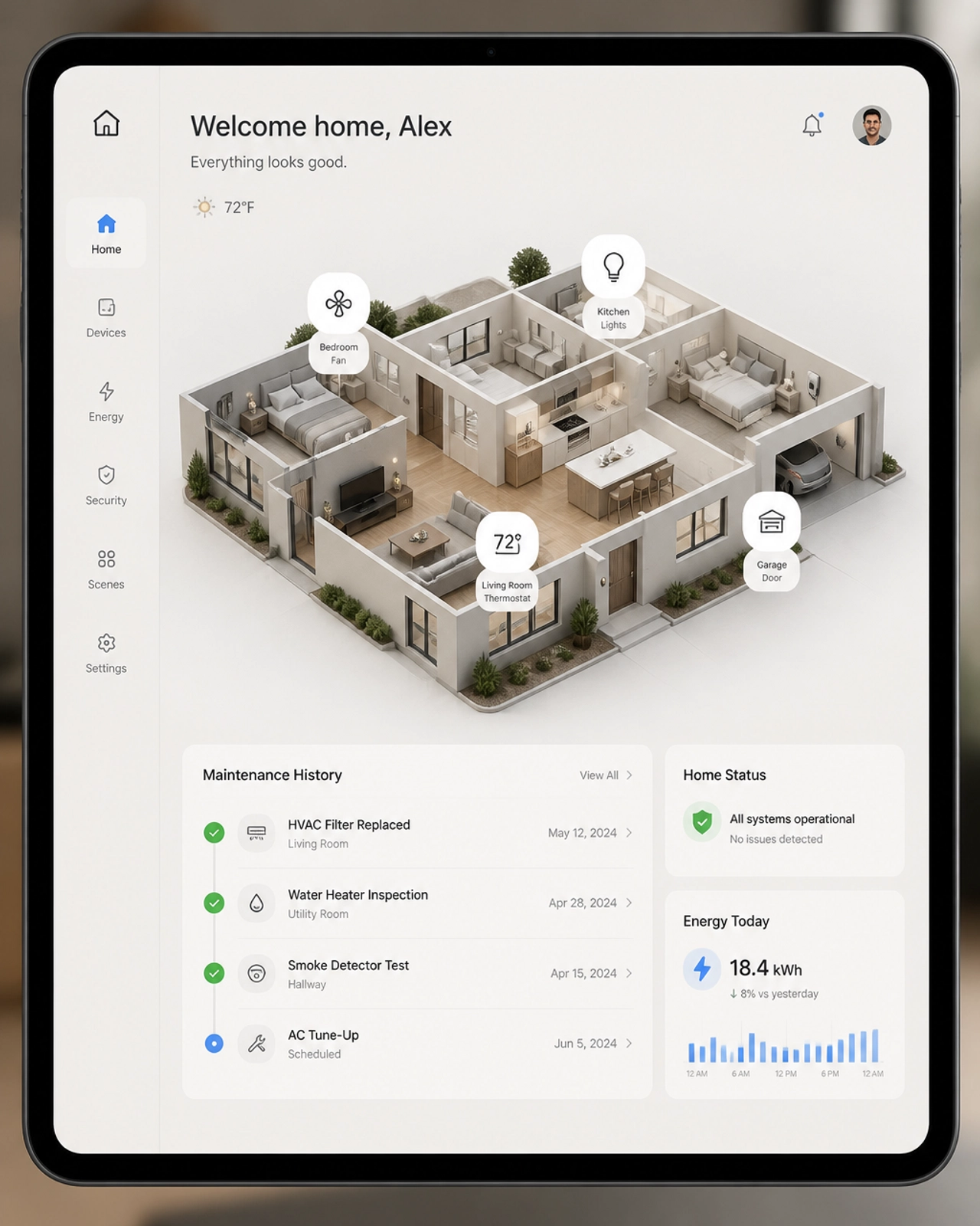 A tablet showing a digital twin of a home with maintenance history