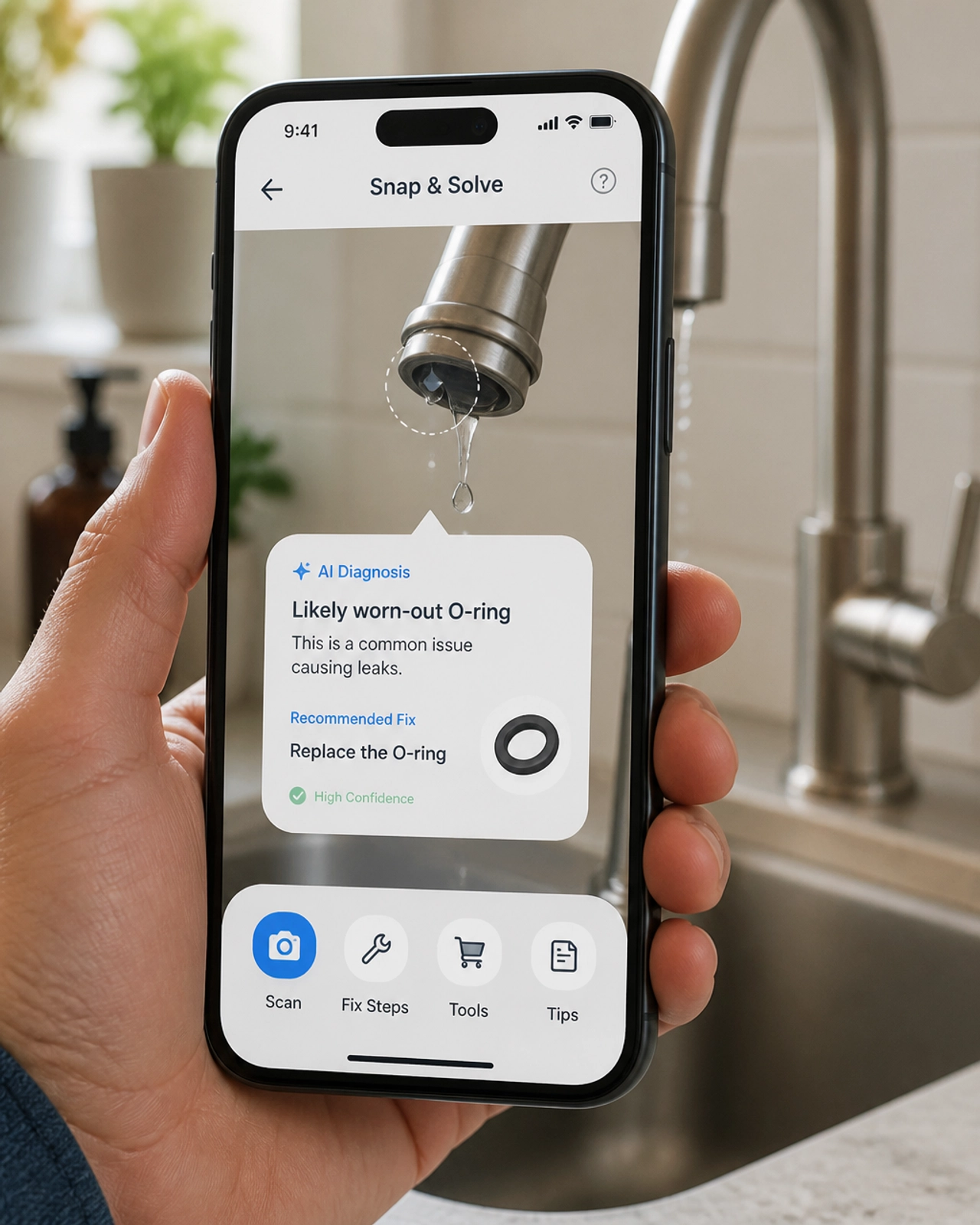 A person using AI to diagnose a leaky faucet with their smartphone
