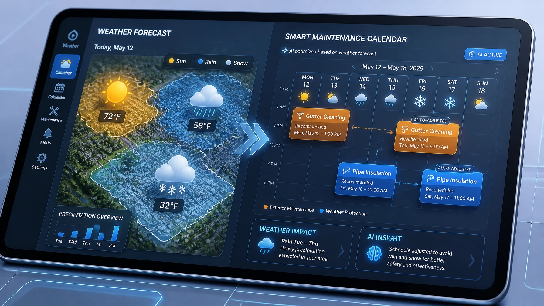 Weather-smart maintenance calendar adjusting to local climate patterns