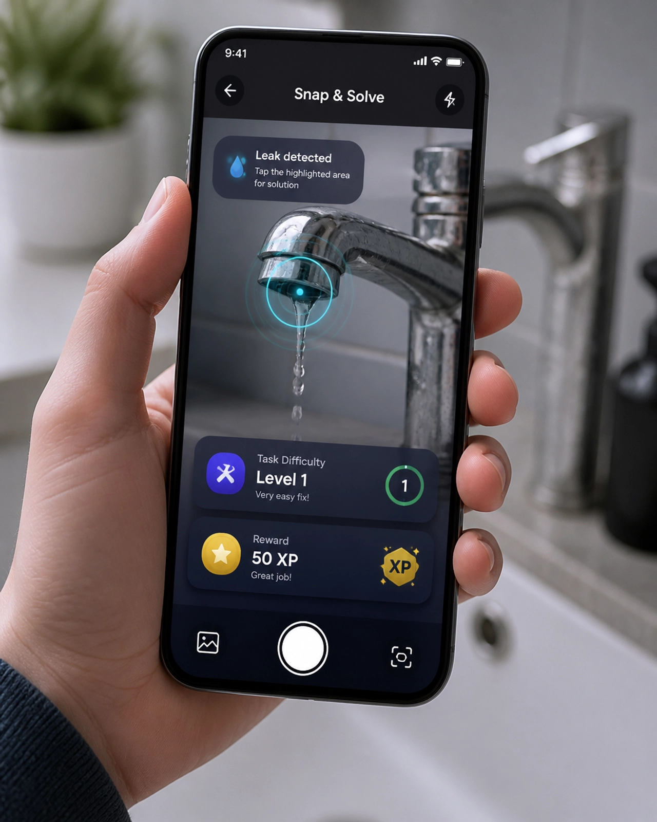 A teenager using the Snap & Solve feature to diagnose a leaky faucet with a gamified UI