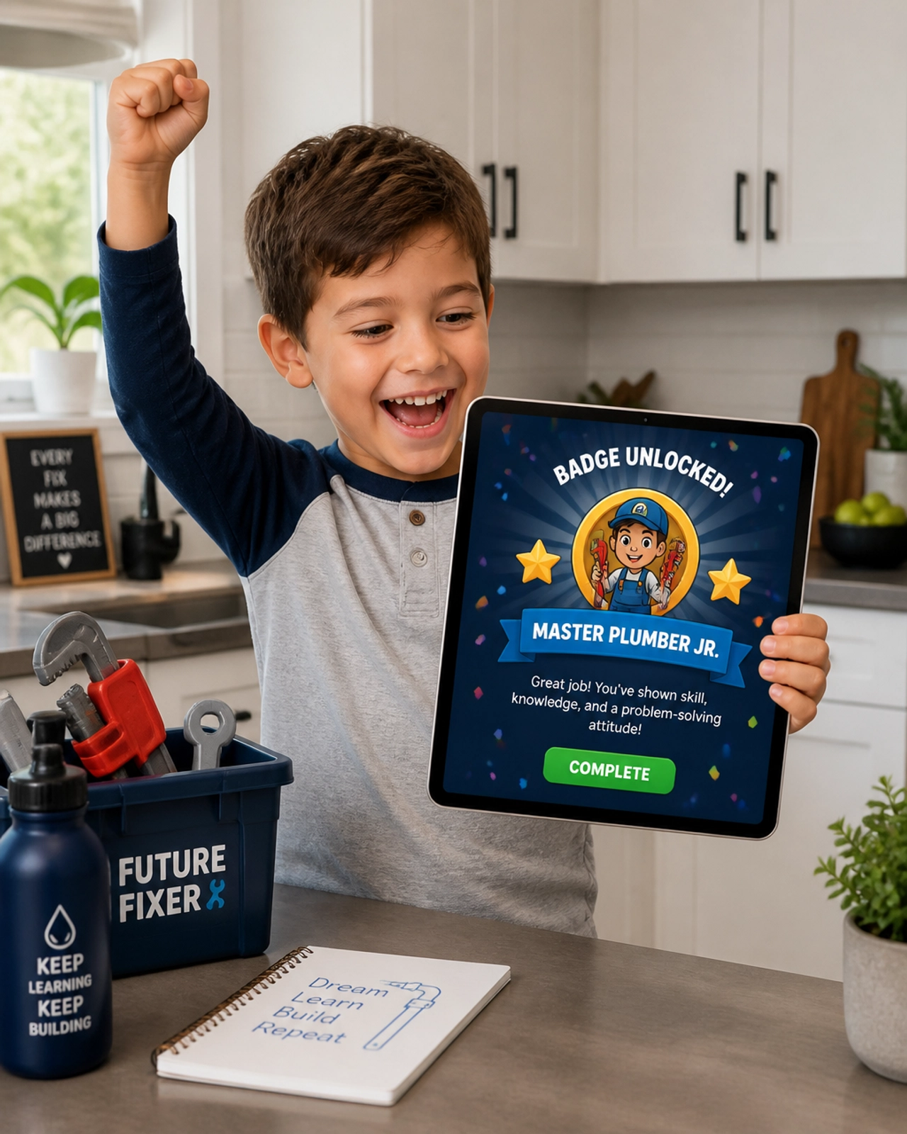 A child celebrating an unlocked badge in the TotalHome Hub app