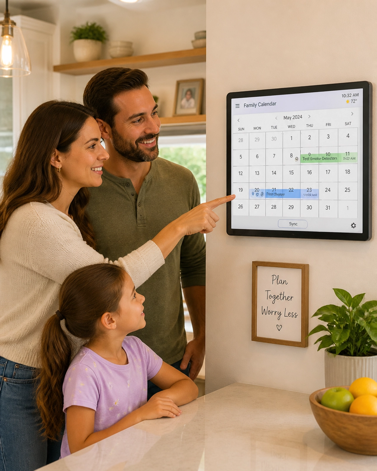 A family in their kitchen looking at a shared home maintenance calendar.
