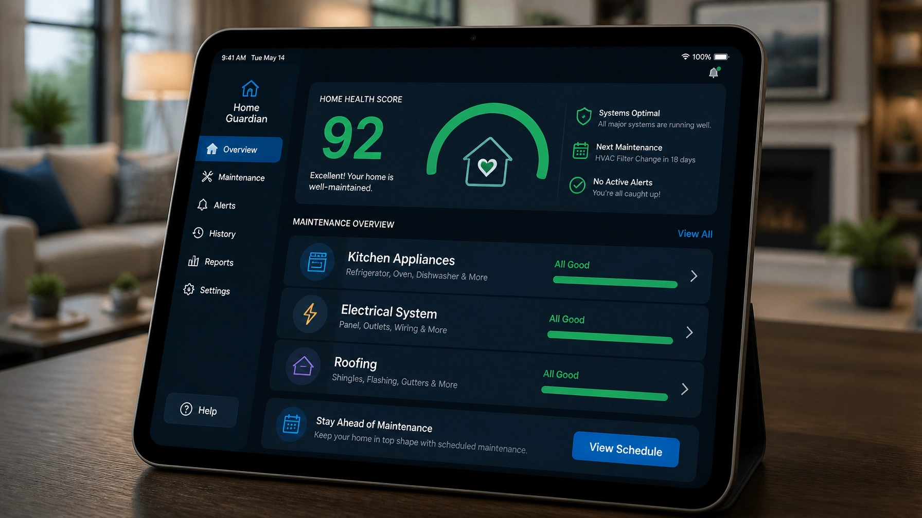 A tablet showing the TotalHome Hub dashboard and a high Home Health Score.