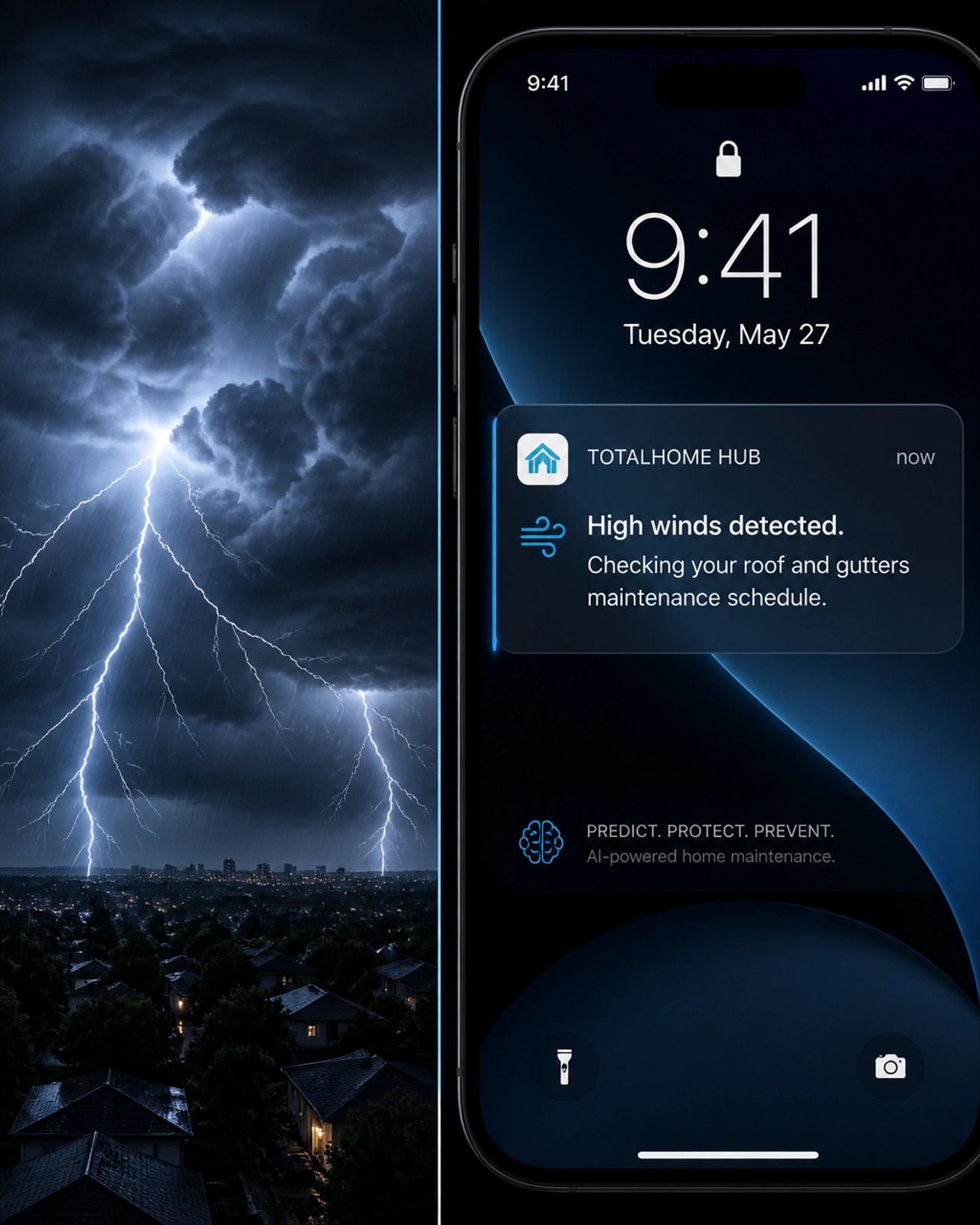 A split-screen showing a storm and a TotalHome Hub notification about weather-aware maintenance tasks.