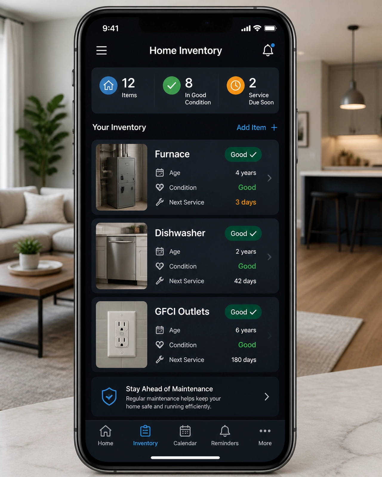 A digital Home Inventory dashboard showing the condition and age of home appliances and systems.