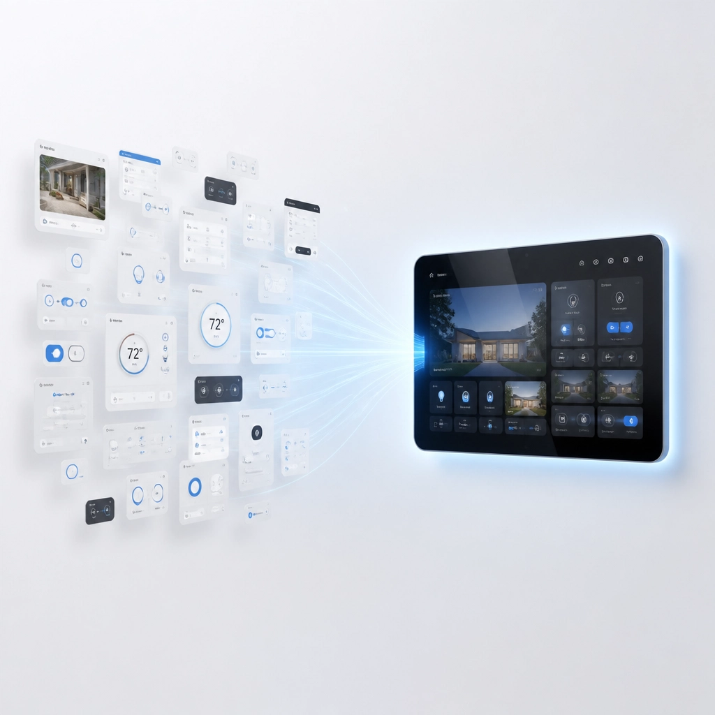 Minimalist high-tech concept of many fragmented smart home controls merging into one unified home app dashboard, clean white background, glowing central interface, sleek UI tiles, futuristic
