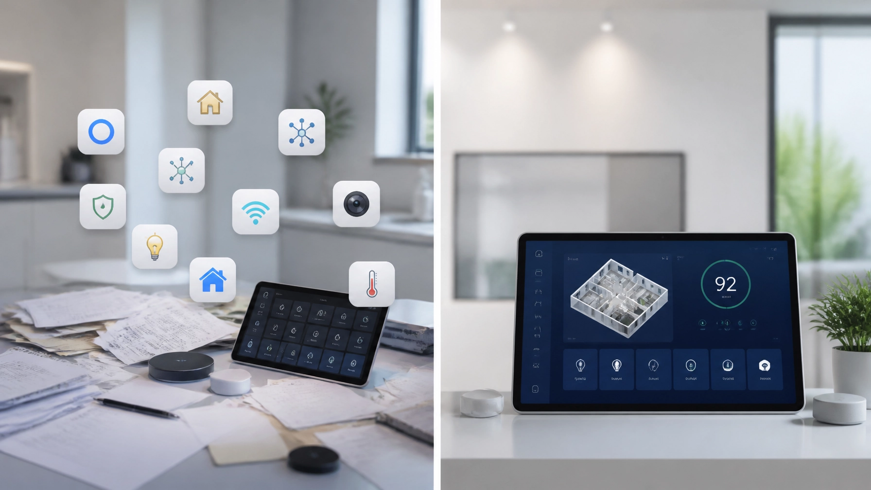 Minimalist split-screen high-tech visual showing fragmented smart home apps and paper clutter on one side, unified home app dashboard with home health score on the other, clean modern interface, white blue palette