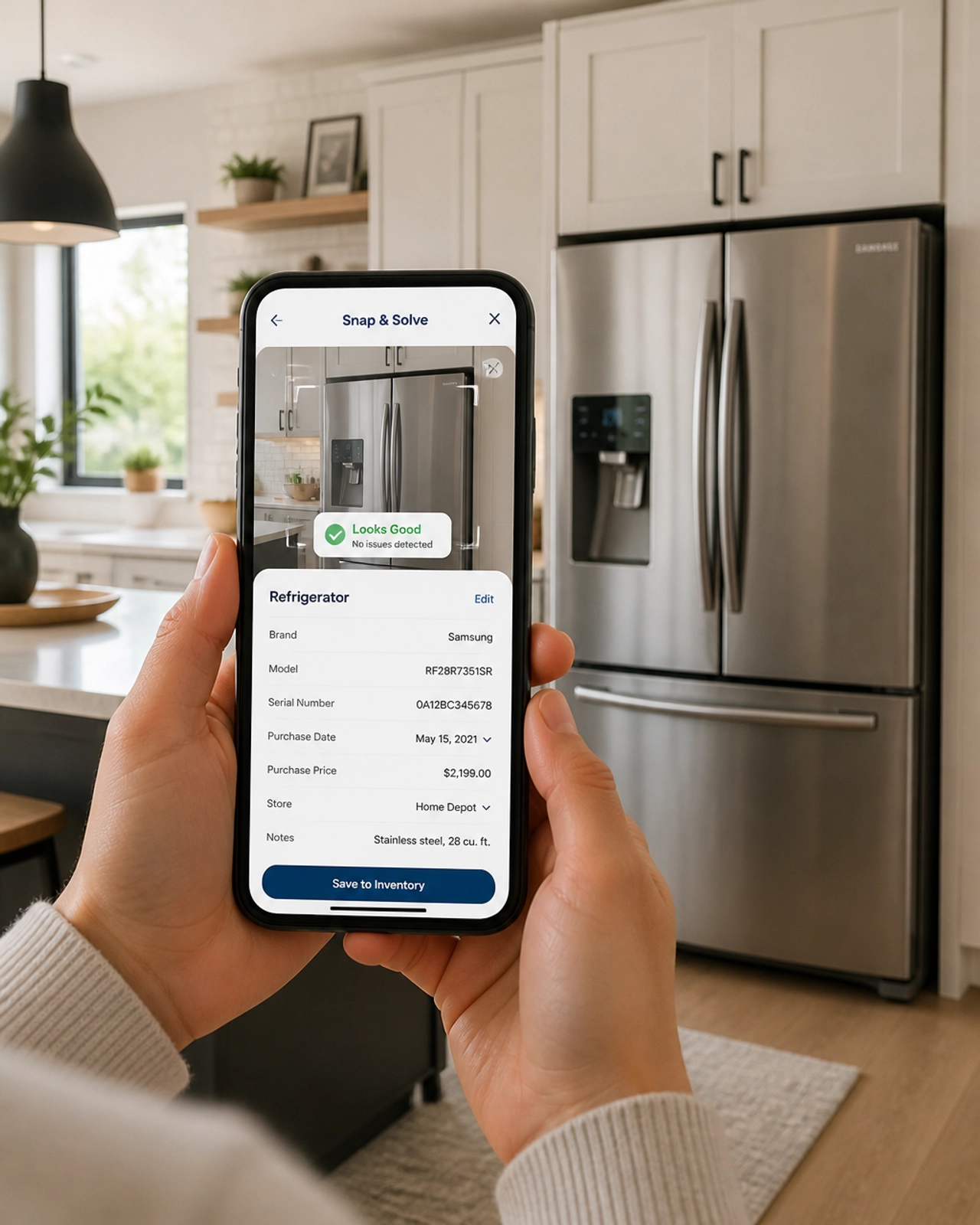 A homeowner using a smartphone to take a photo of a kitchen appliance, using an AR overlay for inventory tracking.