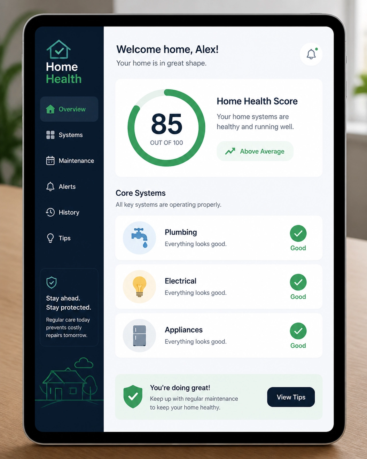 A digital dashboard showing a Home Health Score of 85 with various maintenance icons.