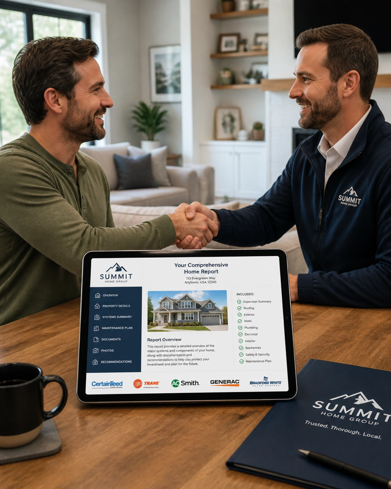 A homeowner showing a comprehensive digital home report on a tablet to a real estate agent.