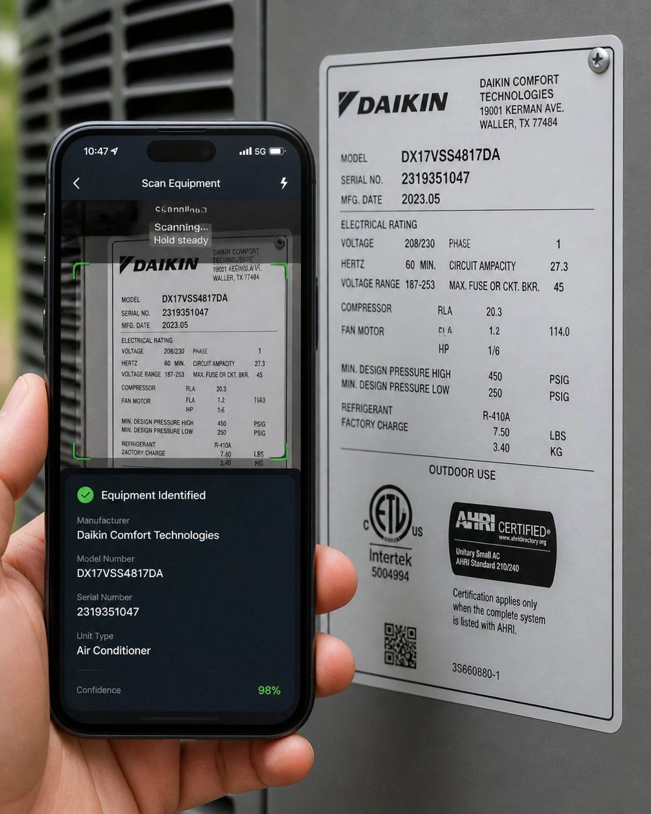 Close-up of a smartphone scanning a manufacturer label on an HVAC unit.