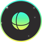 Glowing green and yellow gradient abstract planet with orbit lines on black background with scattered stars.
