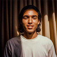 Young man with medium-length dark hair wearing a white shirt, smiling in front of a brown curtain backdrop.