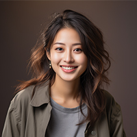 Young woman with wavy dark hair smiling, wearing a gray shirt and olive green jacket against a brown background.