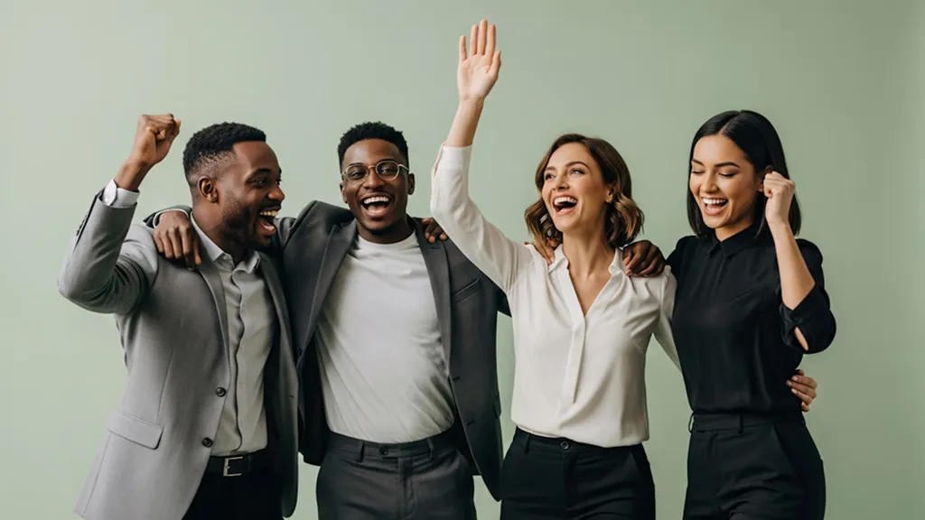 Four diverse young professionals standing close, smiling and celebrating with raised hands in business attire against a light green background.