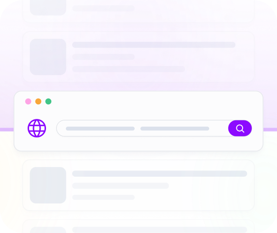 Illustration of a web browser search bar with a globe icon and a purple search button, surrounded by blurred content cards on a colorful background.