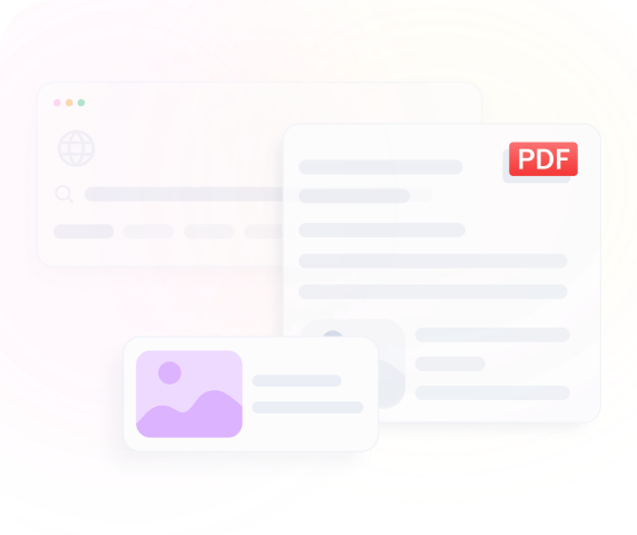 Illustration showing a browser window, a document with a red PDF icon, and a small card with an image placeholder on a colorful background.
