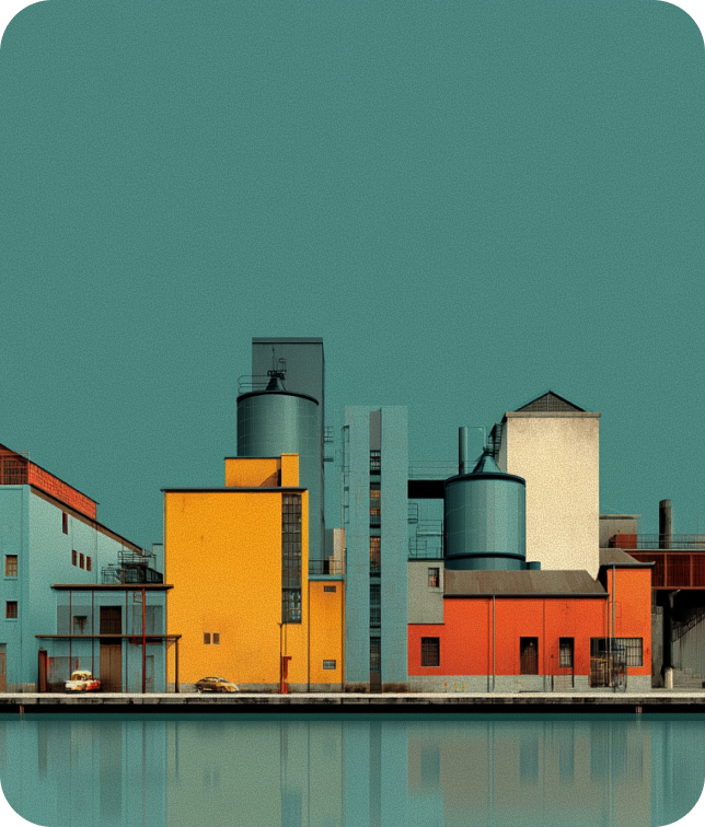 Colorful industrial buildings with teal, yellow, orange, and beige walls reflected in calm water under a clear sky.