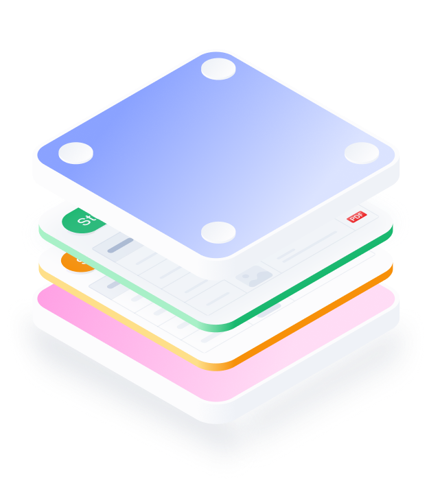 Isometric illustration of layered user interface cards with colored borders stacked under a translucent blue panel.