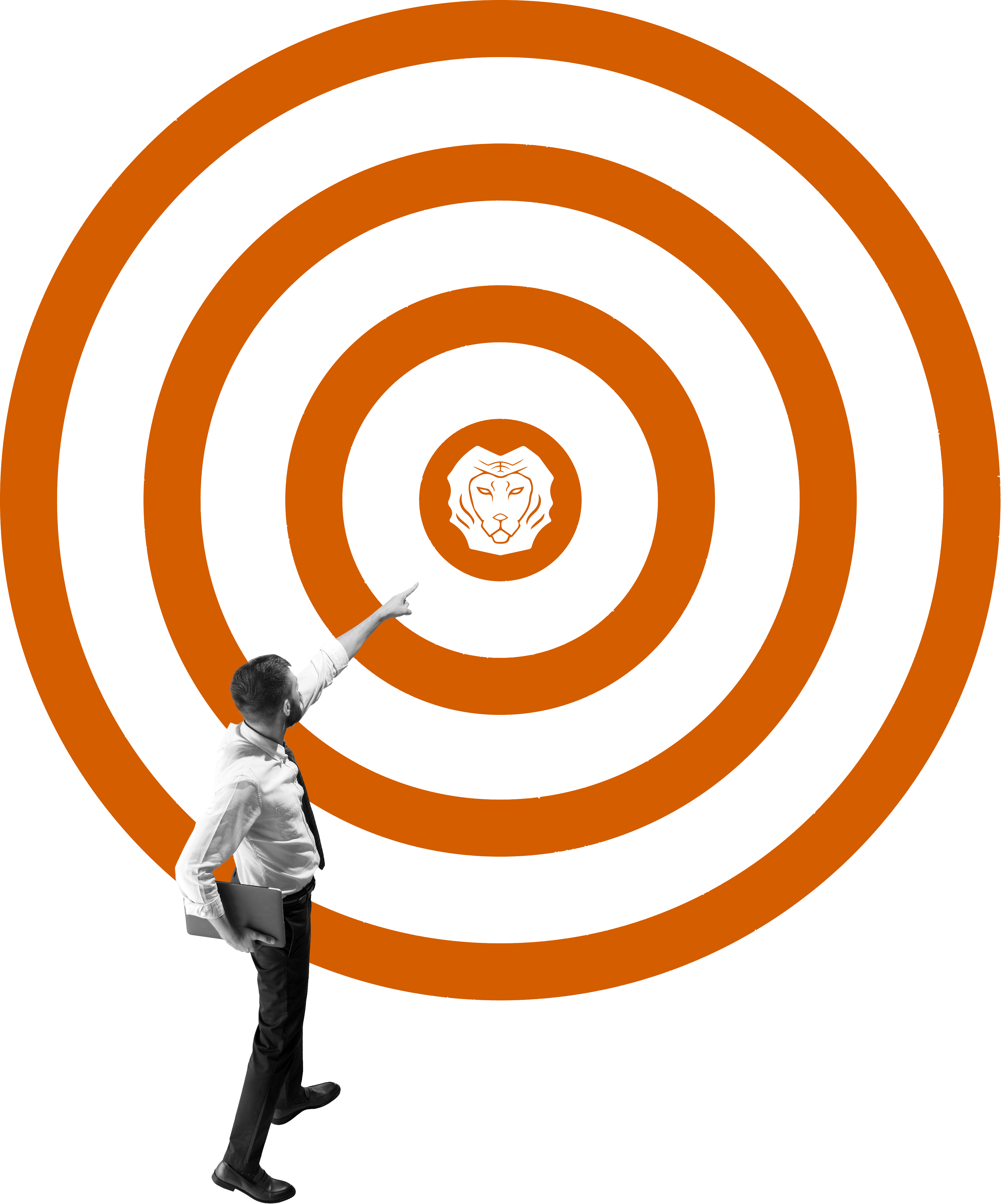 Businessman pointing at the bullseye of an orange target marked with the Liger lion