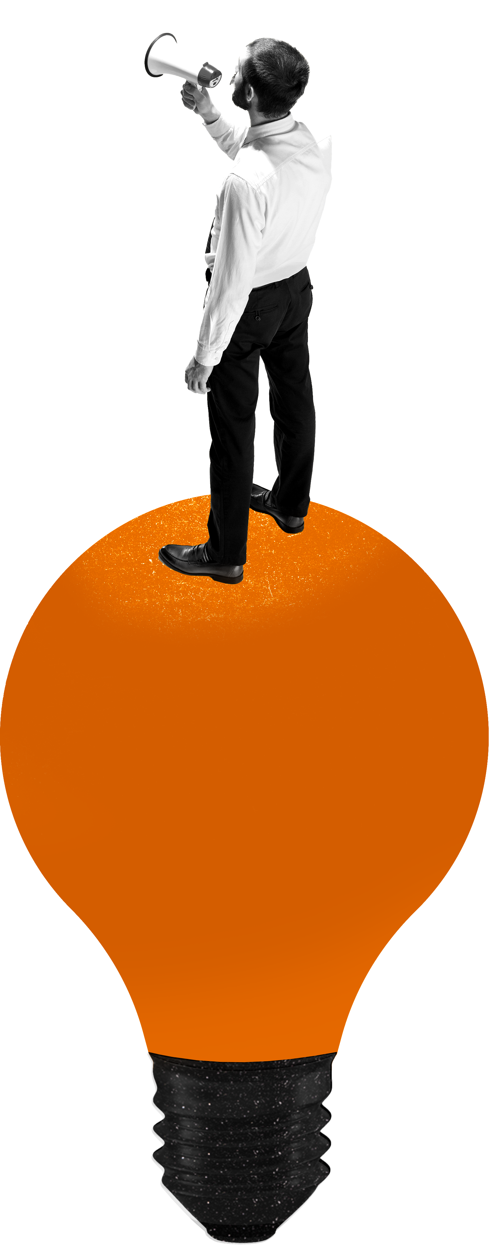 Businessman standing on a giant orange lightbulb, shouting through a megaphone