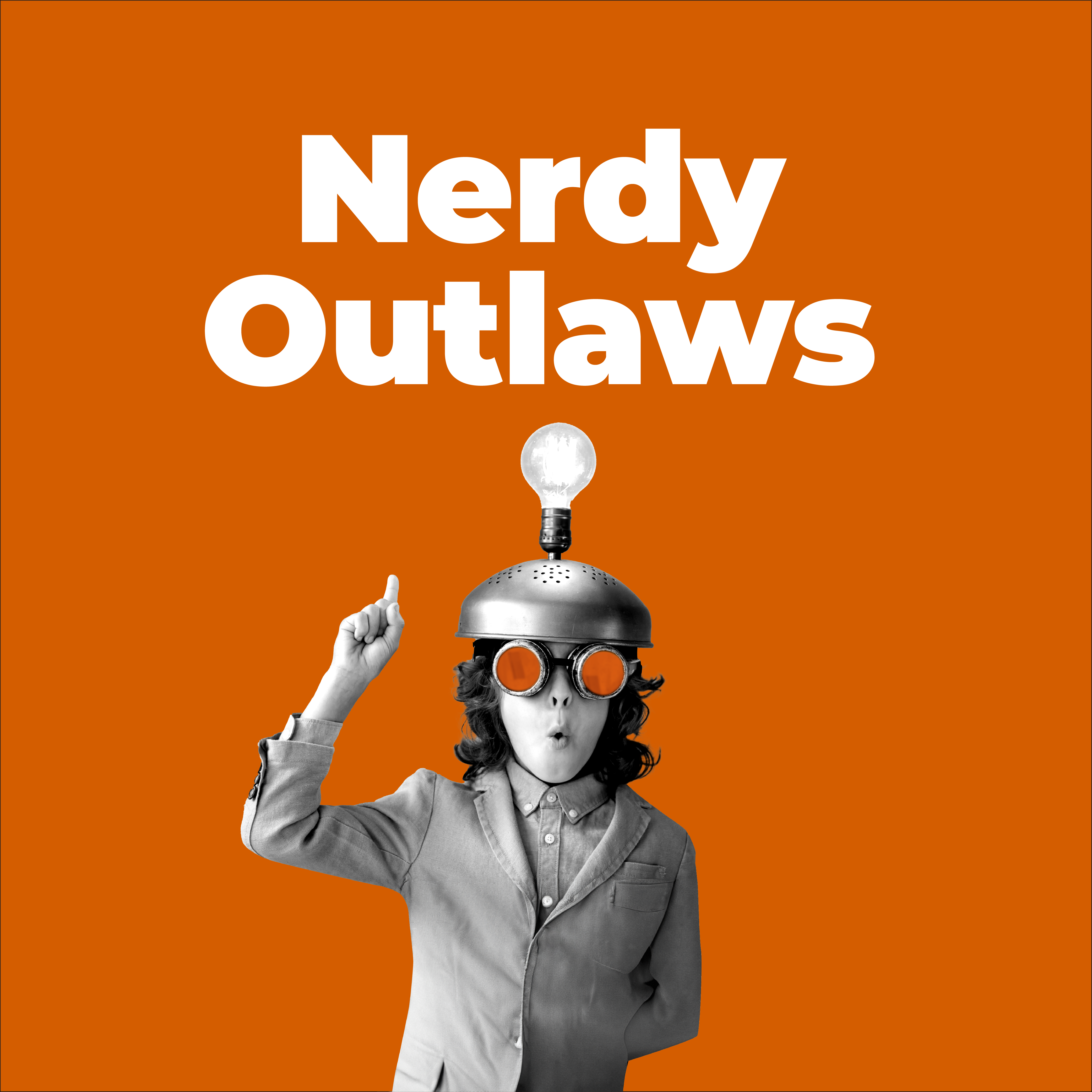 Nerdy Outlaws: kid in goggles and a colander helmet topped with a lightbulb, pointing up