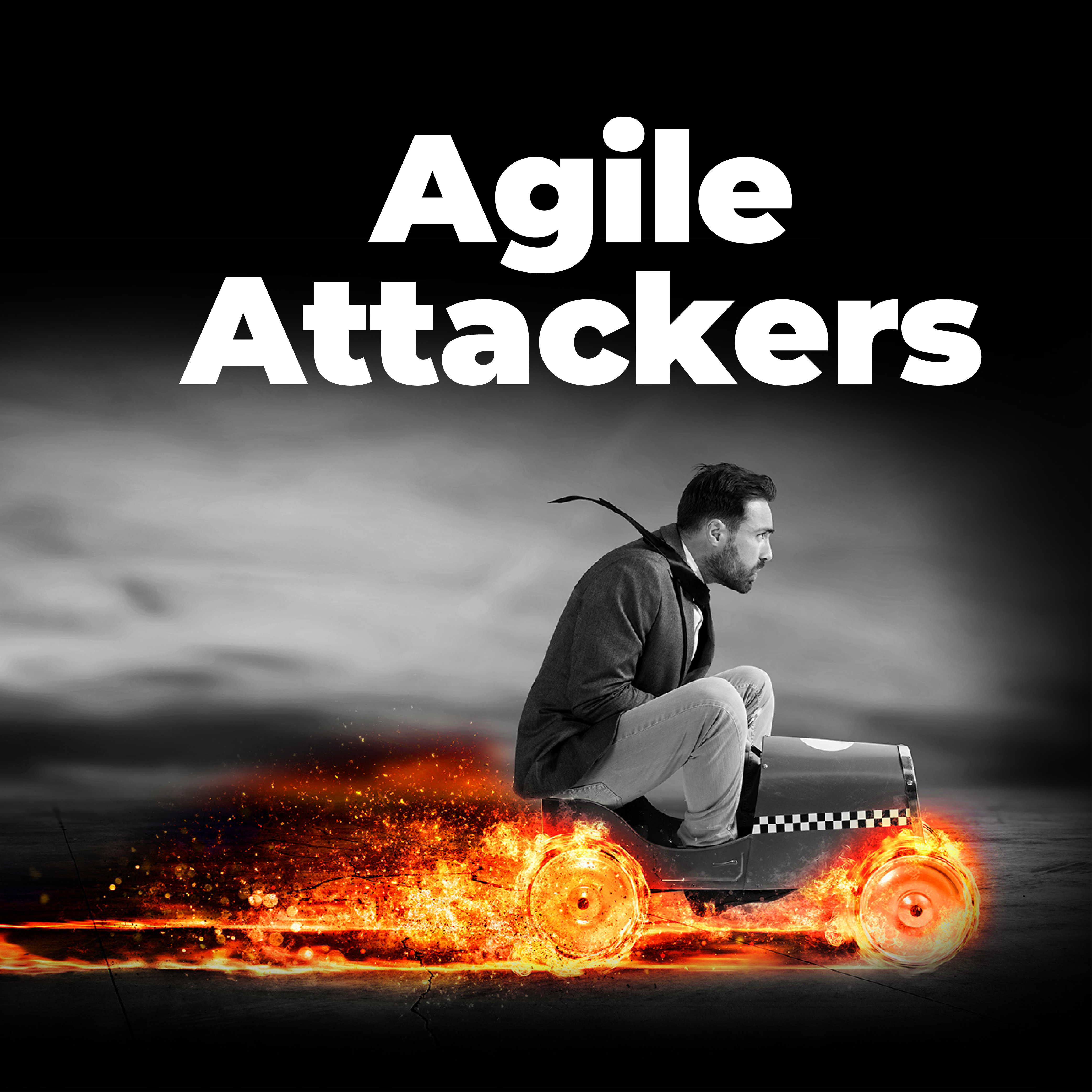 Agile Attackers: man in a suit racing a toy go-kart with flaming wheels