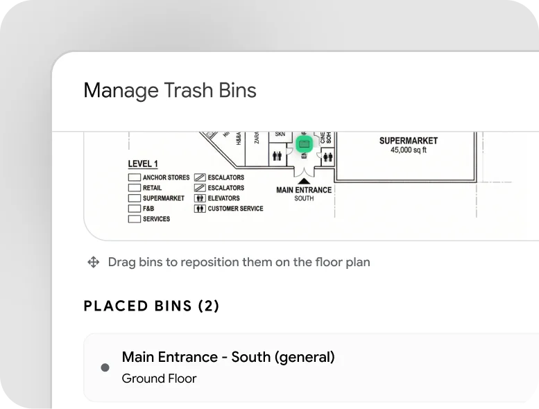 User interface of a floor plan showing trash bins management with a bin icon positioned near the main entrance south at a supermarket.
