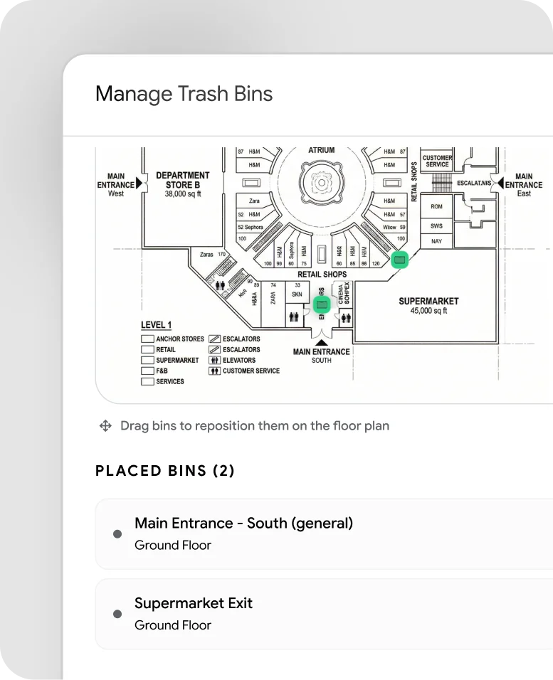 Floor plan showing the layout of a shopping mall with two green trash bin icons placed near the Main Entrance South and Supermarket Exit, labeled under 'Manage Trash Bins'.