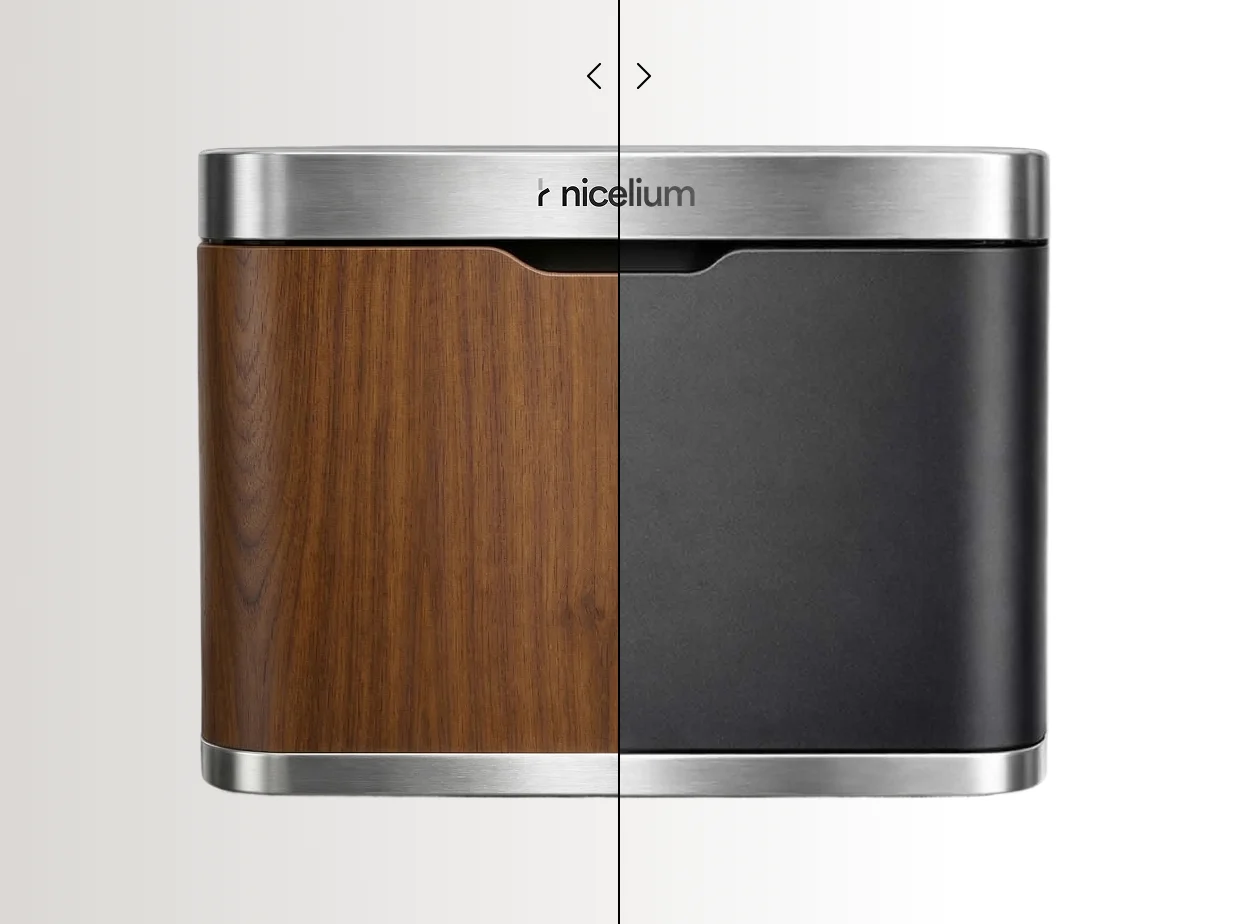 Nicelium brand rectangular product with a split design showing wood texture on the left and matte black surface on the right with silver metal edges.