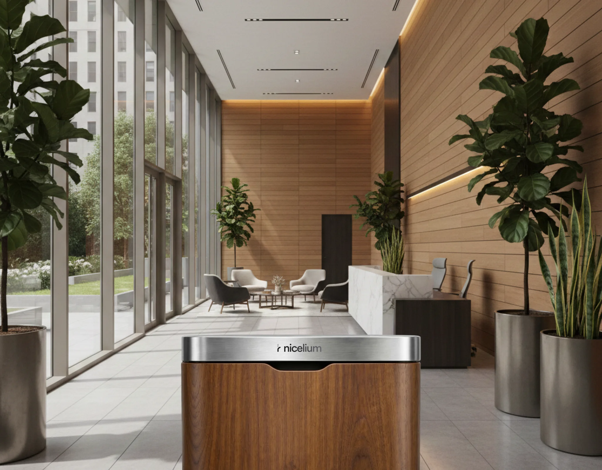Modern office lobby with large windows, green plants, wood-paneled walls, white reception desk, and a wooden Nicelium bin in the foreground.