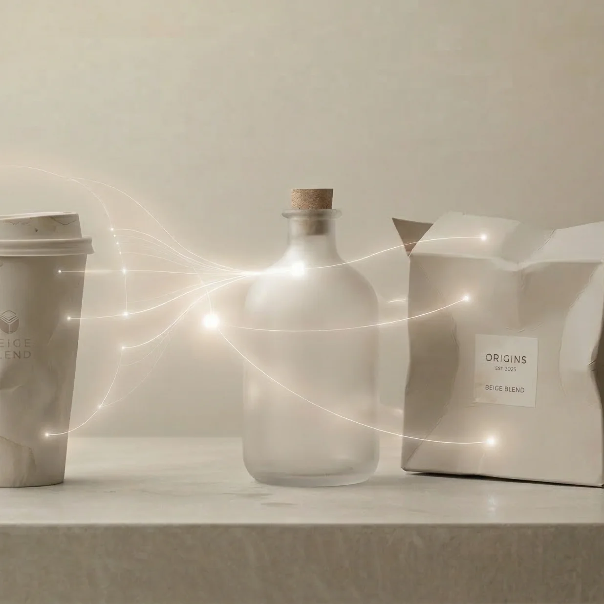 Three beige packaging items on a beige surface connected by glowing light lines, including a coffee cup, a frosted glass bottle with cork, and a crumpled paper bag labeled Origins Beige Blend.