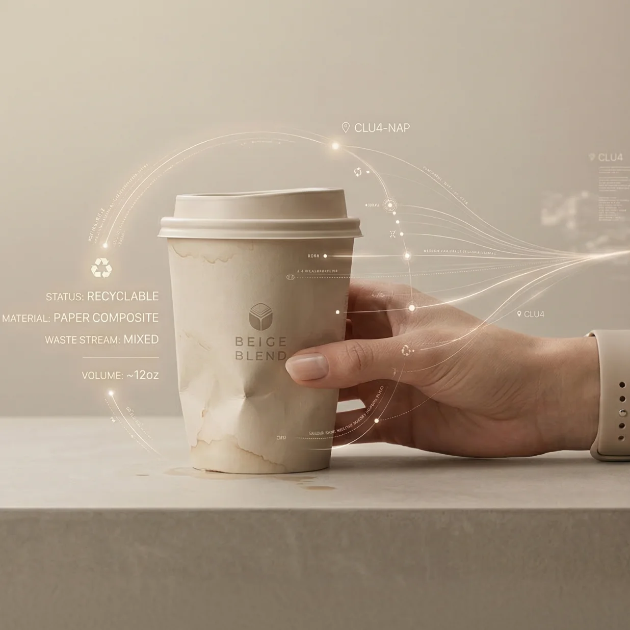 Hand holding a beige paper composite coffee cup labeled Beige Blend with overlay text indicating the cup is recyclable, mixed waste stream, and volume approx. 12oz.