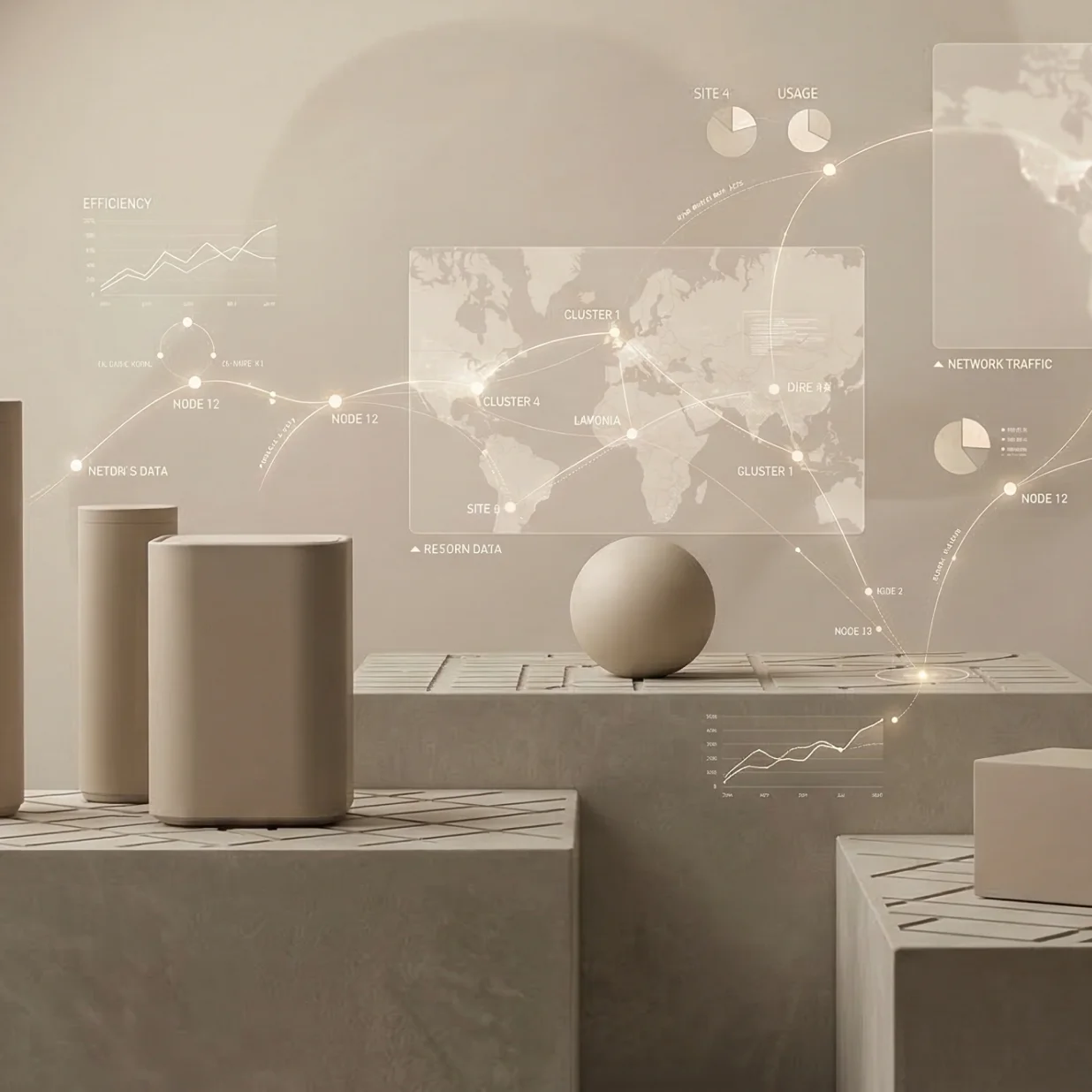 3D beige geometric shapes on pedestals with overlaid translucent global map and network data visualizations.